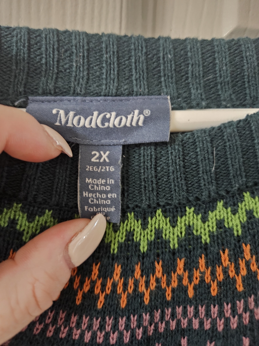 ModCloth Teal Crewneck Sweater with Green, Orange and Pink Fair Isle